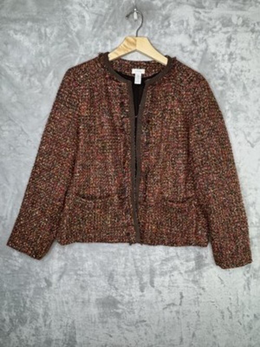 Chico's Jacket Womens L Multicolor Tweed Fringe Collarless Hook Eye Lined Boucle